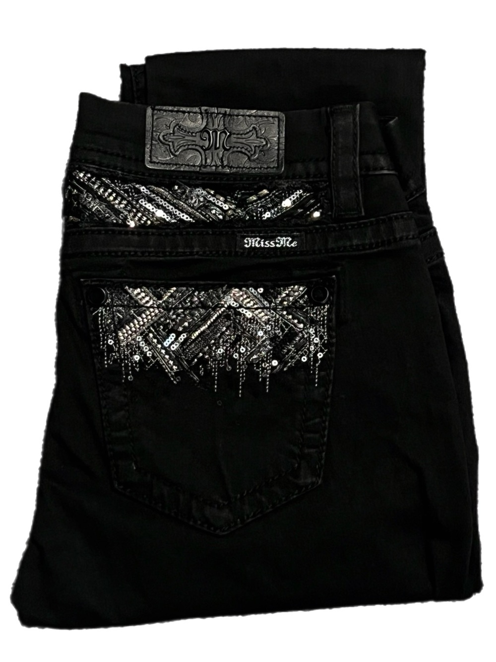 NWT Miss Me Black Mid-Rise Easy Skinny Jeans with Silver Sequin Chevron Pockets